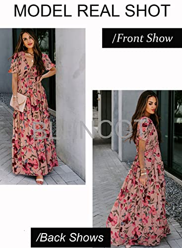 BLENCOT Womens Casual Boho Floral Printed V Neck Short Sleeve Long Evening Dress Ruched Cocktail Party Maxi Wedding Dress4