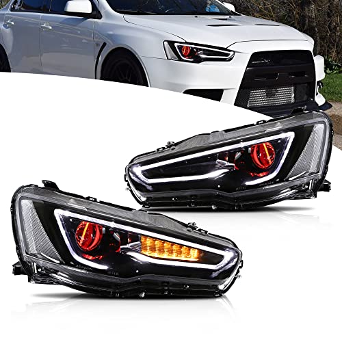 VLAND Headlights compatible with Mitsubishi Lancer & EVO X 2008-2020, Headlamp Assembly with Sequential Turn Signal, 1 Pair Demon Eye, not include bulbs (Black Housing)
