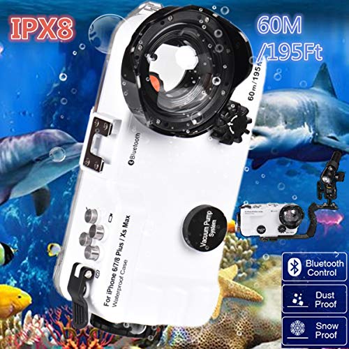 Review Discount BECROWMUS Bluetooth Control iPhone 6P/7P/8P/XS Max 195FT/60M IPX8 Waterproof case Professional Diving Underwater Swimming Surfing Snorkeling House Photo Video with Wide Angle Dome Port Lens