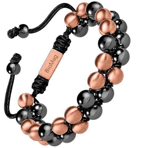 BioMag Bracelet magnétique en hématite et cuivre 8 mm - Bracelet réglable en perles magnétiques pour homme et femme - Pierre noire double force et perles en cuivre massif - Coffret cadeau