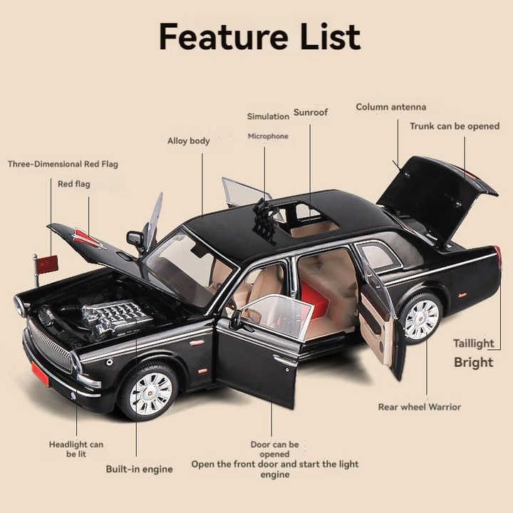 Image of WORSHIPER 1 /24 Hongqi Parade L5 Alloy Limousine Luxy Car Model Diecasts Metal Parade Vehicles Car Model Simulation Sound and Light Kids Toys Gift[Black]