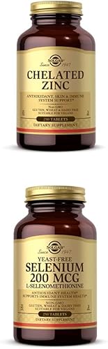 Solgar Zinc quelado, 250 tabletas – Zinc para una piel sana + selenio sin levadura Solgar 200 mcg, 250 tabletas – Apoya la salud antioxidante y del