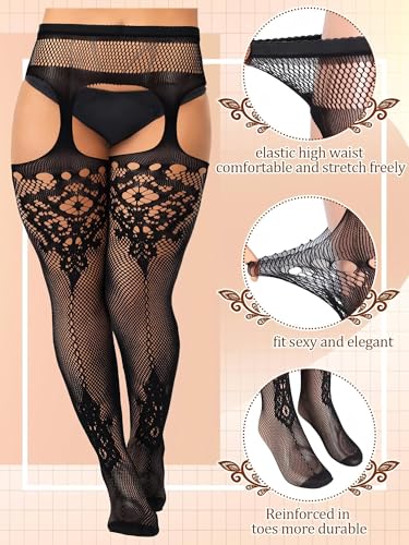 Image of Jadive 6 Pairs Women Plus Size Suspender Tights Fishnet Thigh High Stockings Garter Belt Lingerie Pantyhose