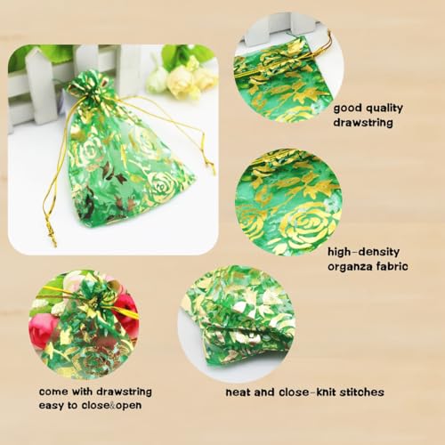 Image of QIANHAILIZZ 100 pcs 3.5 x 4.7 Inch Flower Heart Organza Jewelry Gift Pouch Candy Pouch Drawstring Wedding Favor Bags X92 (green gold flower)