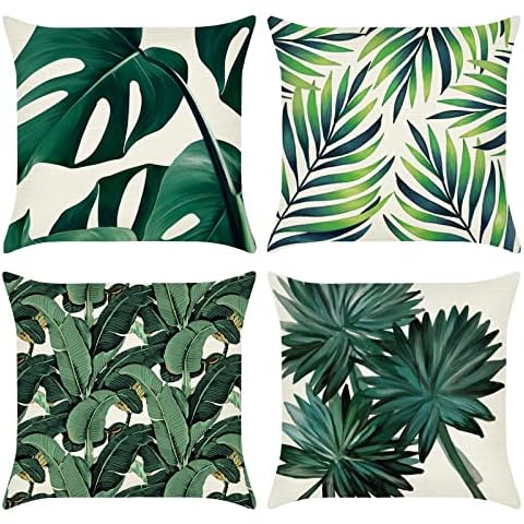 Bonhause Tropical Leaves Cushion Covers 18 x 18 Inch Set of 4 Green Leaf Decorative Throw Pillow Covers Polyester Linen Pillowcases for Sofa Couch Car Bedroom Home Decor, 45 x 45 cm Cover