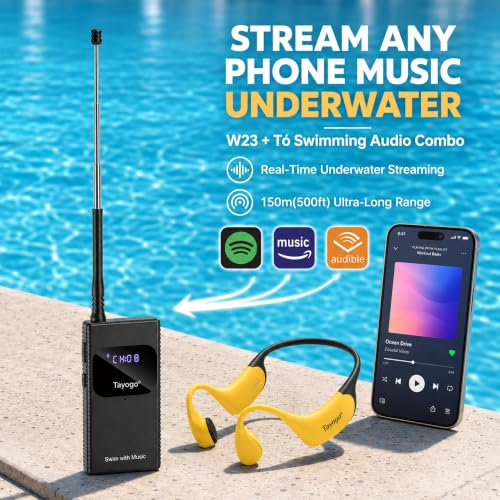 Image of Tayogo Swimming Headphones T6 + W23 Bone Conduction, Under Water Audio System, Spotify Swim Headset, No Need to Download, Waterproof FM Receiving & Bluetooth Open Ear Swim Headset for Training