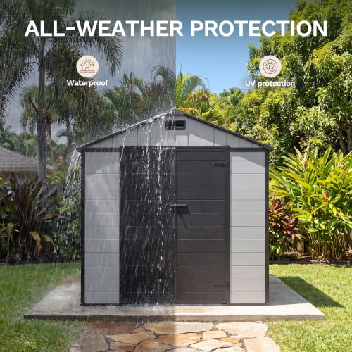 Image of Patiowell 8x10 FT Resin Outdoor Storage Shed with Floor, Large Plastic Clearance Sheds with Lockable Door, Garden Tool Shed with Window for Backyard, Patio Storage, Light Gray