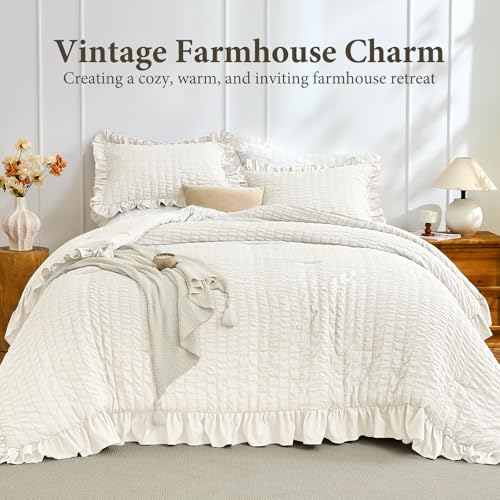 Image of JOLLYVOGUE Ivory King Comforter Set, 3 Pieces Seersucker Comforters King Size, Lightweight & Fluffy Bedding Sets King for All Season with 1 Ruffle Comforter and 2 Ruffle Pillowshams