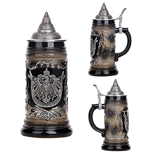 Aeiddrwaa 0.6 Liter Charcoal Black Ceramic Stein Beer Mug With Medieval Germany Eagle Coat Of Arms On Engraved Metal Medallion #TOP1