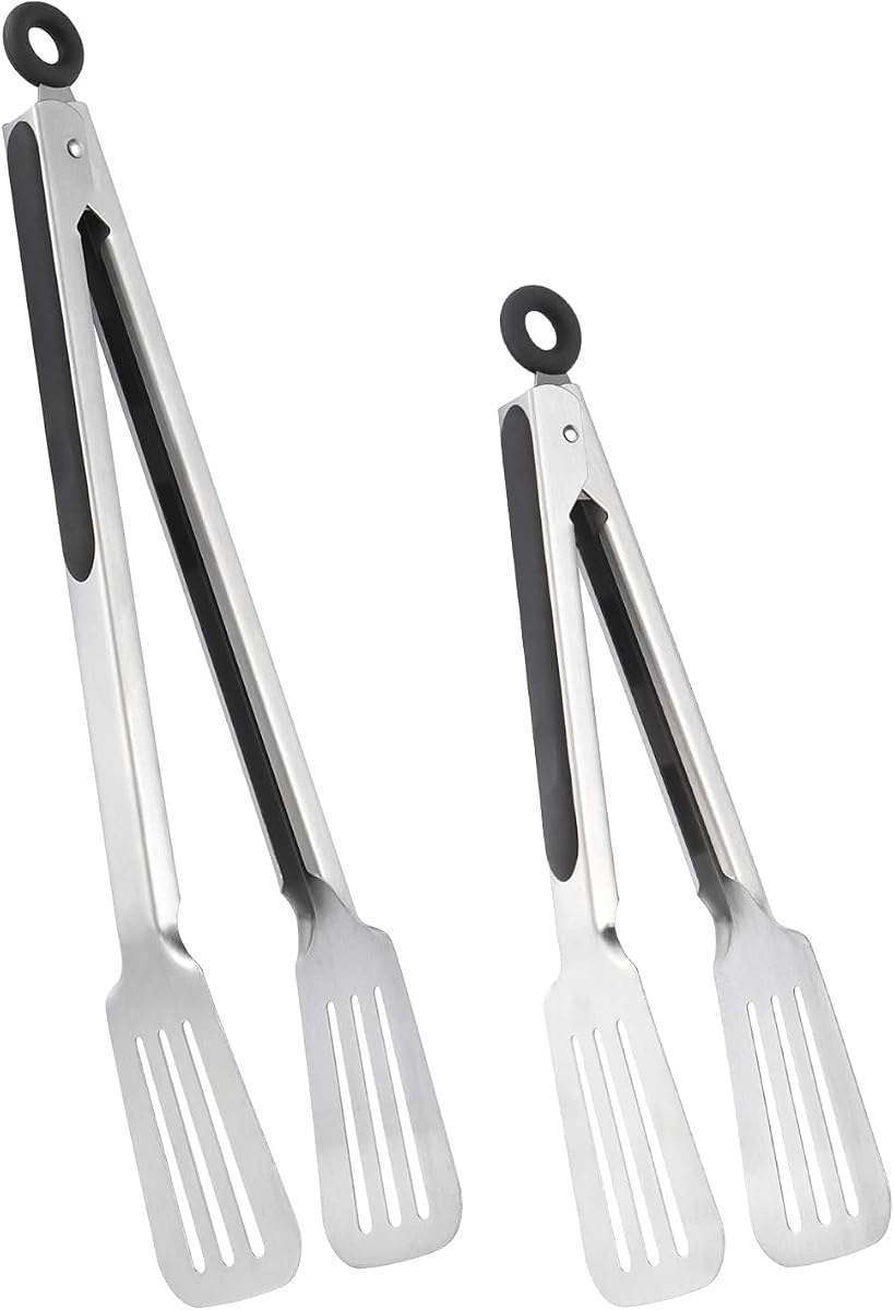 Tongs for Cooking, Set of 2 Metal Spatula Tongs for Grilling, Black | 9 inch & 12 inch, Flat Spatula Head, Comfortable Handle, Strong Grip, Easy Pull Lock, Flipping Utensil
