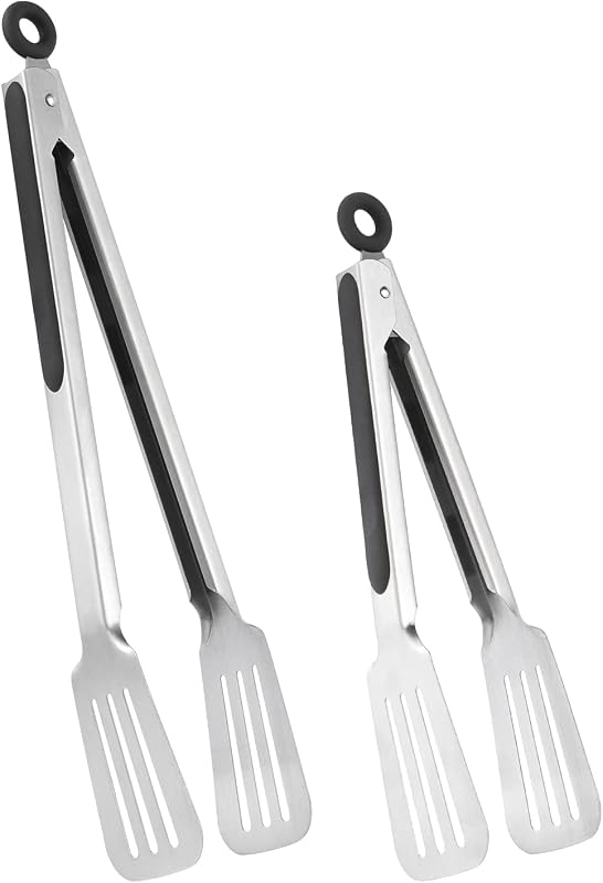 Tongs for Cooking, Set of 2 Metal Spatula Tongs for Grilling, Black | 9 inch & 12 inch, Flat Spatula Head, Comfortable Handle, Strong Grip, Easy Pull Lock, Flipping Utensil