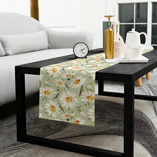 Spring Floral Table Runner 36 Inches, Watercolor Daisy Summer Flower Botanical Green Bed Runner Dresser Scarves Tabletop For Indoor Outdoor Parties/Ceremony/Banquet, 13"X 36" #TOP4