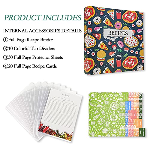 Full Page Recipe Binder 8.5" X 11", 3 Ring Recipe Book Organizer Kit With 30 Clear Protective Sleeves & 20 Full Page Recipe Cards & 10 Dividers - Kitchen Cookbook Kit (Blue) #TOP4