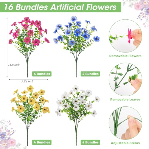 Image of Bassion 16 Bundles Artificial Flowers for Outdoors Fake Flowers, Colorful