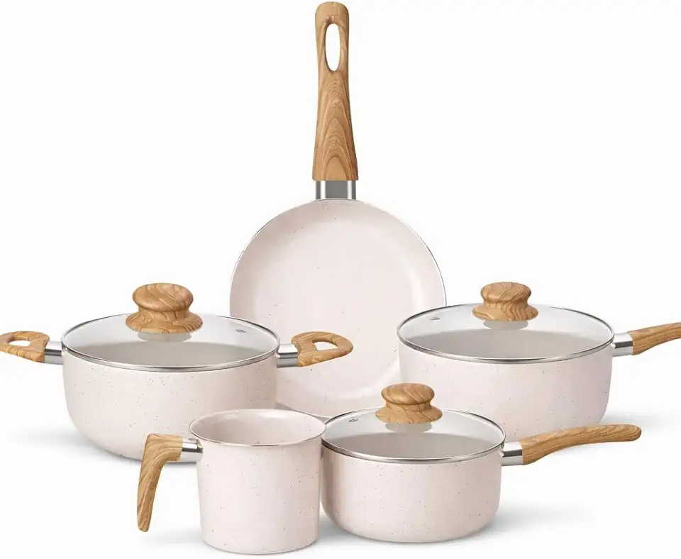 Kit Jogo de Panelas 5 Peças Cerâmica Antiaderente Indução Gás Elétrico Tampa de Vidro Cabo Soft Touch Creme Premium