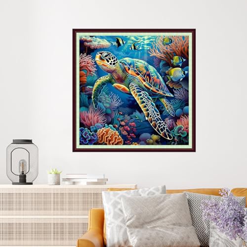 Image of Dooxvey Cross Stitch Kits for Adults Beginners,Full Range of Cross-Stitch Stamped Kits Needlepoint Kits for Beginners Embroidery Kits 11CT Cross Stitch Patterns-sea Turtles on Seabed 18x18 inch