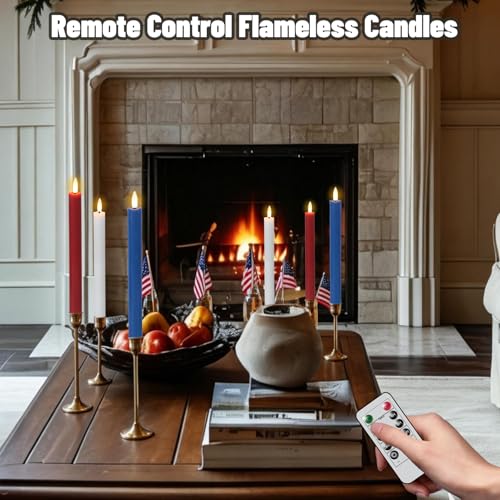 Image of Wondise Patriotic Candles Flameless Taper Candles with Remote & Timer, Red White and Blue Candles Battery Operated 3D Wick Real Wax LED Flag Candles for Independence Day Decoration