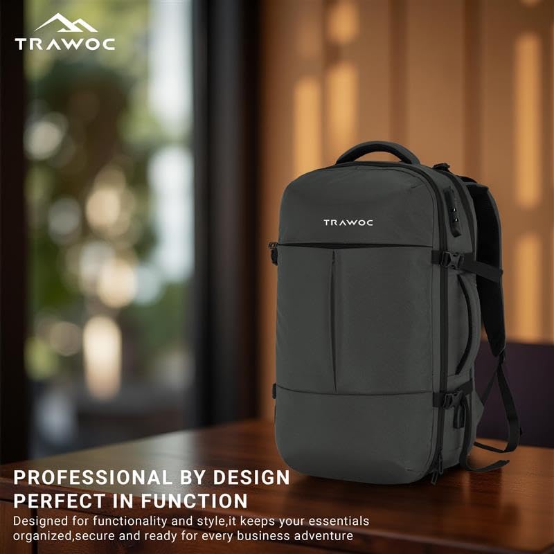 Image of TRAWOC 45L Laptop Backpack TPB01 | Unisex Office & Travel Bag with Anti-Theft Lock, Expandable Storage, USB Charging, Suitcase-Style Opening & 3-Year Warranty