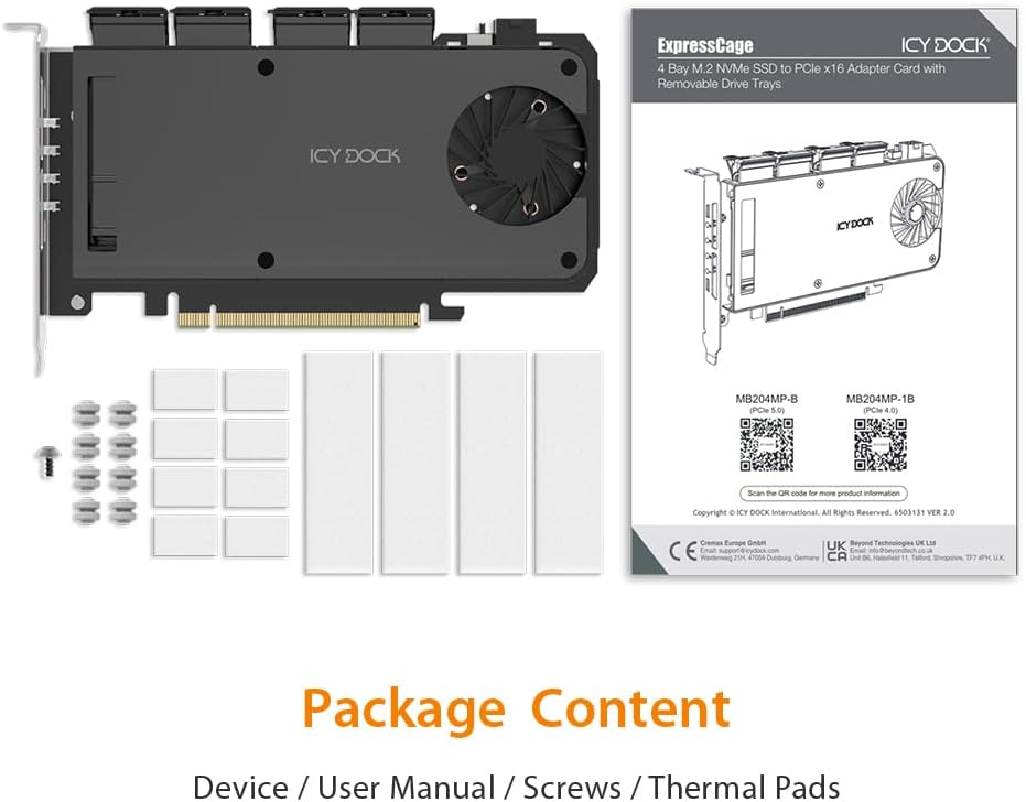 ICY DOCK 4-Bay M.2 NVMe SSD to PCIe 4.0 x16 Removable Frame Enclosure/Adapter Card for PCIe Expansion Slot (PCIe Bifurcation Required) - ExpressSlot Slide MB204MP-1B