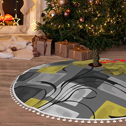 Christmas Tree Skirt With Pom Trim Geometric-Flowers-Yellow-Grey Holiday Christmas Home Decorations 30" #TOP4