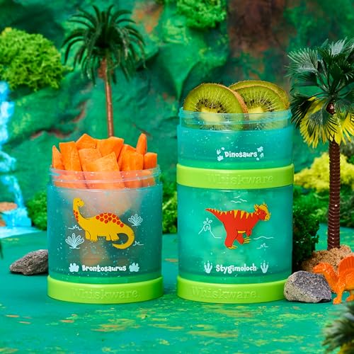 Image of Whiskware Dinosaur Stackable Snack Containers for Kids and Toddlers, 3 Stackable Snack Cups for School and Travel, Green /Blue