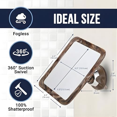 Image of MIRRORVANA Fogless Shower Mirror for Shaving - Shatterproof Surface, Upgraded Suction Cup, and 360 Swivel Design - 6.3 inch x 6.3 inch (Cocoa Marble Print)