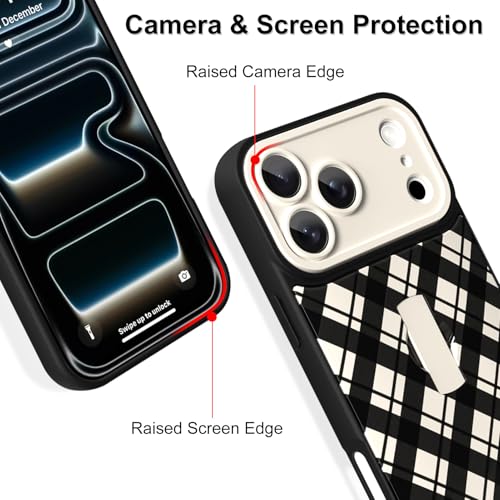 Coque iPhone 17 Pro vichy noir ZIYE avec dragonne et protection de caméra