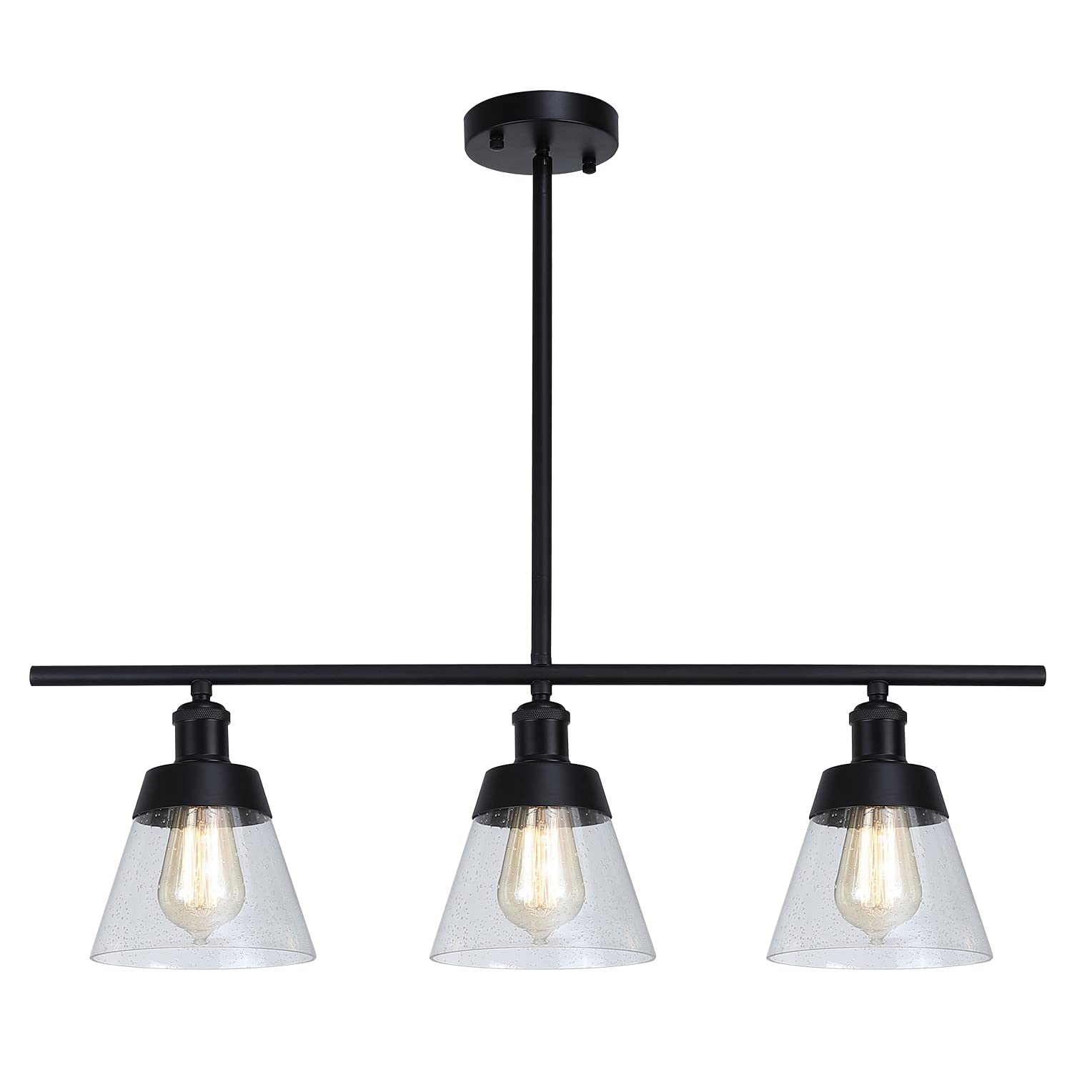 Fivess Lighting 3-Light Farmhouse Black Kitchen Island Lighting, Clear Seeded Glass Linear Chandelier, Adjustable Rods Industrial Rustic Pendant Light Fixture for Kitchen Island Dining Room