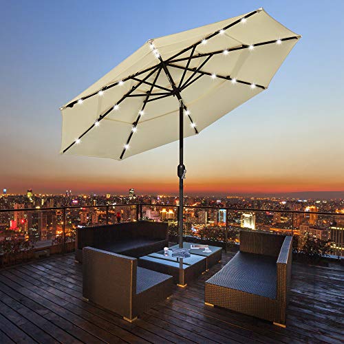 Yescom 9ft 3 Tier UV70+ Solar Powered LED Patio Umbrella with Crank Tilt Button Light Aluminum for Outdoor Deck Market