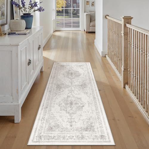 Runner Rug 2x5 Washable Light Gray Hallway Runner Vintage Boho Medallion Non Slip Grey Distressed Retro Carpet Indoor Low Pile Long Soft Rug for Kitchen Entryway Bedroom Bathroom Laundry