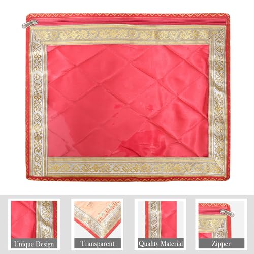 Image of Kuber Industries Saree Cover | Clothes Storage Bag | Single Packing Saree with Zip Closure | Wardrobe Organizer | Cloth Stoarge Organizer | 4 Side Lace Saree Cover | Pack of 6 | Pink