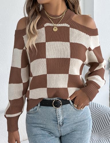 IDEALSANXUN Womens Checkered Sweater Fall Winter Long Sleeve Off Shoulder Knitted Sweater2