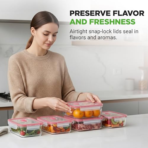 Image of Nutrichef 10-Piece Glass Food Containers - Stackable Superior Glass Meal-prep Storage Containers, Newly Innovated Leakproof Locking Lids w /Air Hole, Freezer-to-Oven-Safe (Red)