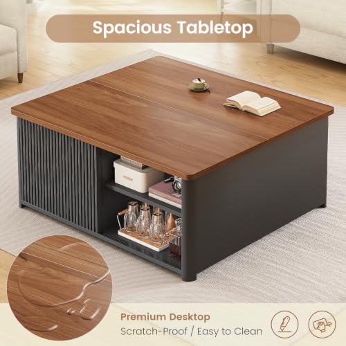 Image of SEDETA 31.5 inch Lift Top Coffee Table with Storage, Square Coffee Tables for Living Room, Fluted Coffee Table with Large Hidden Storage Compartment and Adjustable Shelves, Fluted Black