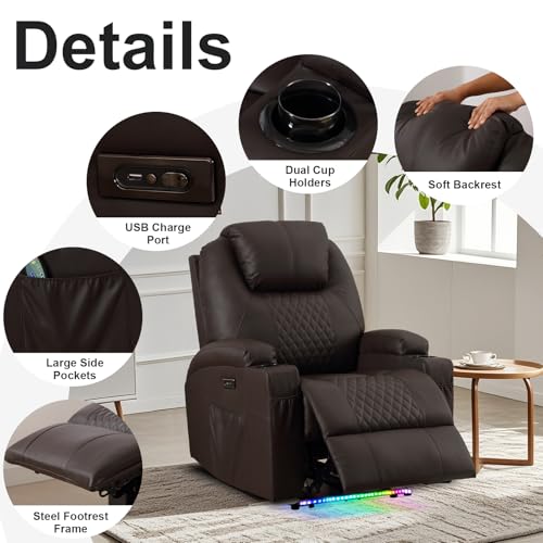 AHMED Power Recliner Chair with Vibration Massage & Heat for Adults, Faux Leather Home Theater Seating with Cup Holders/LED Lights/USB Ports/Side Pockets for Living Room, Brown