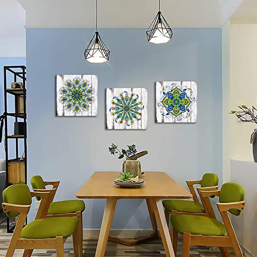 Biuteawal Mandala Wall Art Bedroom Decor Retro Peacock Flower Pattern Canvas Pictures Green Boho Floral Painting Prints Vintage Artwork Framed Home Bathroom Yoga Spa Decorations 12X12Inchx3Panel #TOP2