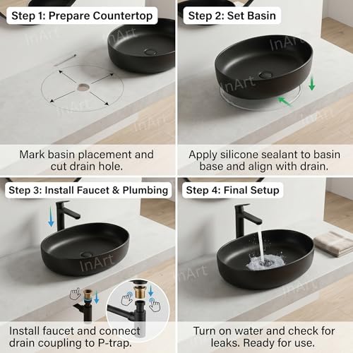 Image of InArt Ceramic Tabletop Wash Basin | Oval Above Counter Art Basin for Bathroom and Dining Area | Size: 22 x 16.5 x 5.5 Inches - Black (Matte Finish)