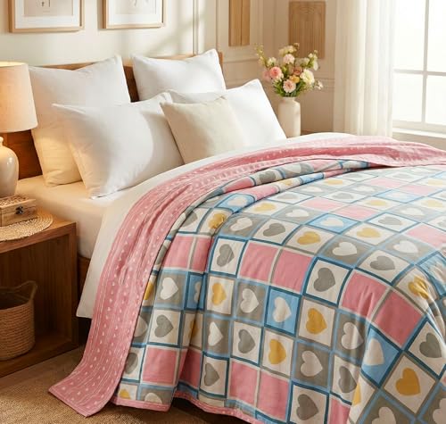 Image of VAS COLLECTIONS Cotton AC Blanket for Double Bed (220x230 cm) | Reversible Soft Lightweight All-Season Blanket | Skin-Friendly & Breathable Comforter (Sweetheart Checks)