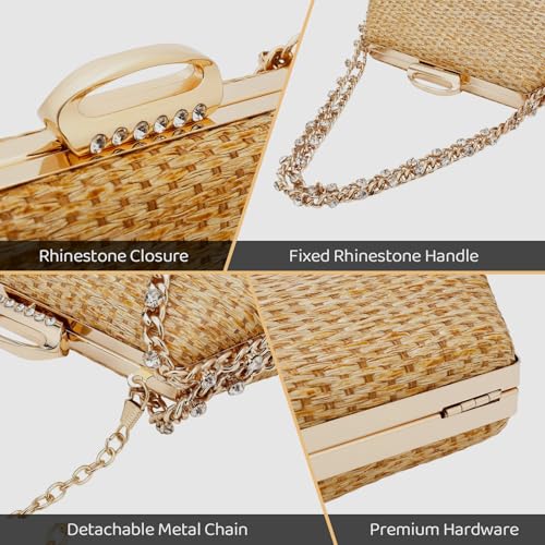 Image of Comeon Straw Clutch Bags for Women Evening Handbag with Rhinestone Handle Hand-Woven Summer Beach Bag Party Formal Purse