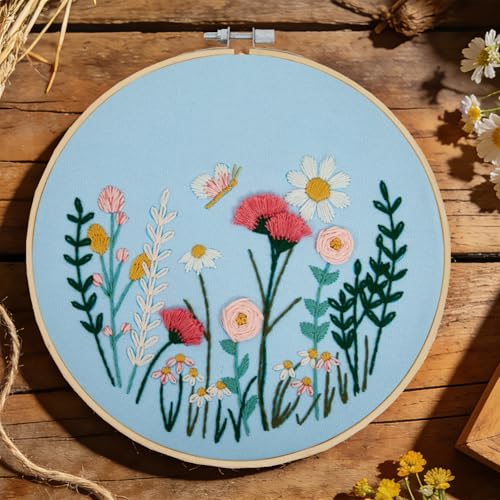 Image of Flower Embroidery Kits for Beginners Adults, Hand DIY Embroidery Art Kits, Floral Stamped Cross Stitch Kits for Beginner Adults Craft Kits for Women, Entire Set of Embroidery Supplies & Video Tutorial