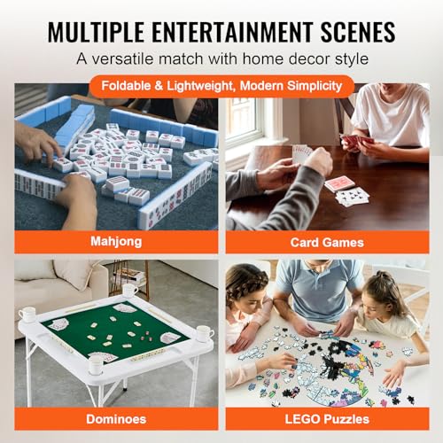 VEVOR Mahjong-Tisch, Klappbarer Dominotisch für 4 Spieler mit Verschleißfester Grüner Tischplatte, Tragbarer Quadratischer Kartentisch mit 4 Getränkehaltern & 4 Chip-Fächern für Mahjong-Poker-Puzzles