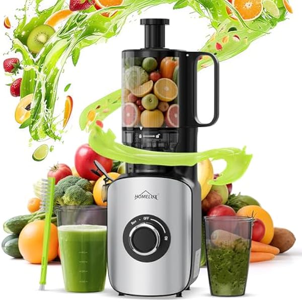 HOMELUX Sokowirówka 220 W Slow Juicer, 126 mm, otwór wlotowy do całych warzyw i owoców, elektryczna wyciskarka z 2 filiżankami, szczotka do czyszczenia, nie zawiera BPA, łatwa do czyszczenia, srebrna