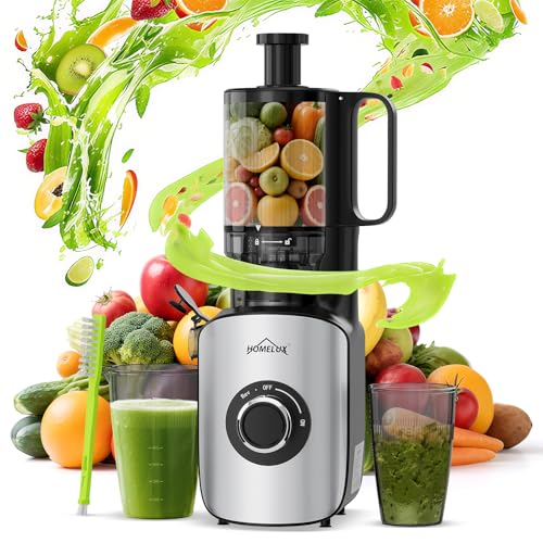 HOMELUX Sokowirówka 220 W Slow Juicer, 126 mm, otwór wlotowy do całych warzyw i owoców, elektryczna wyciskarka z 2 filiżankami, szczotka do czyszczenia, nie zawiera BPA, łatwa do czyszczenia, srebrna