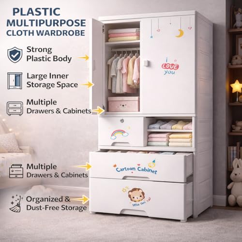 Image of AYSIS Kids Plastic Collapsible Wardrobe Organizer for Storage with Drawers | Cute Cartoon Design | Heavy Duty Cloth Organizer for Storage | Easy to Assemble | Perfect for Kids Room & Home | Lionwhite