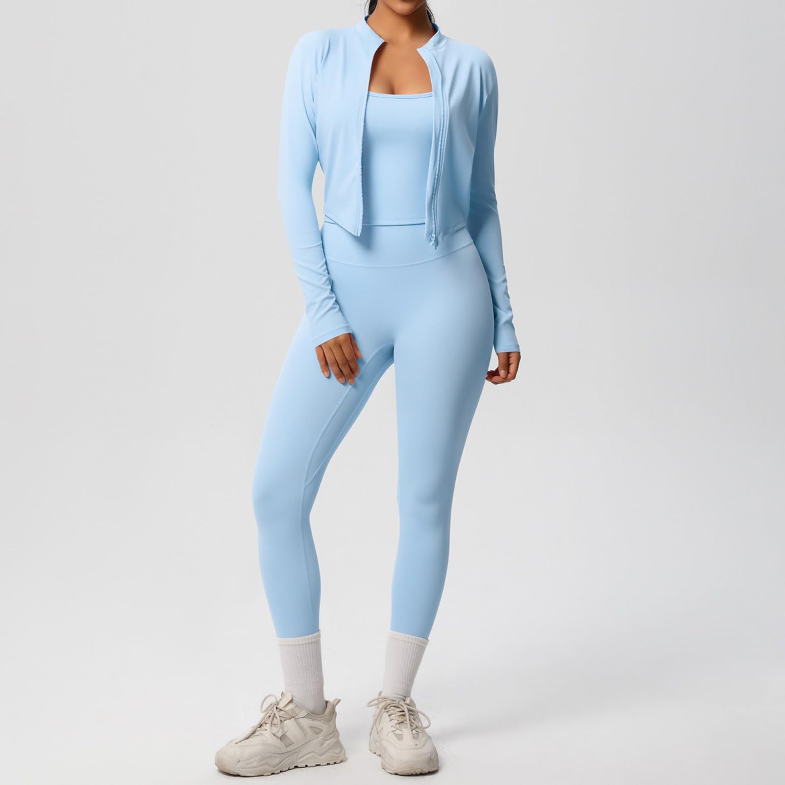Generisch Set da allenamento da donna, 3 pezzi, a compressione, con giacca sportiva slim fit, leggings a vita alta e reggiseno sportivo, tinta unita, abbigliamento sportivo per fitness, yoga, casual