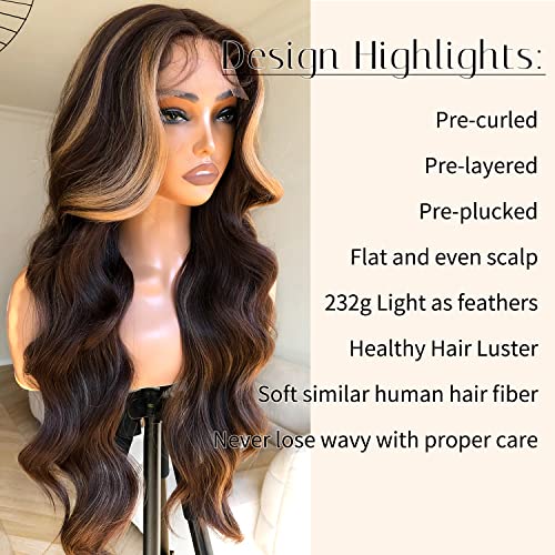 Blackswern Honey Blonde Ombre Lace Front Wig, Body Wave Highlight Wigs Pre-Plucked, Long Layered Wig With Curtain Bangs, Glueless For Black Women, 4/27 Highlights #TOP2