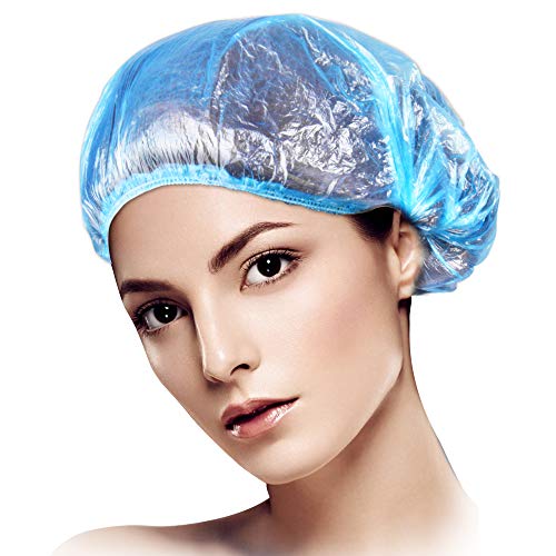 Mukum 100Pcs Disposable Shower Cap for Women Plastic Hair Cap Elastic Bath Caps for Food Service, Cooking, Labs, Travel Spa, Hotel and Hair Solon, Home Use