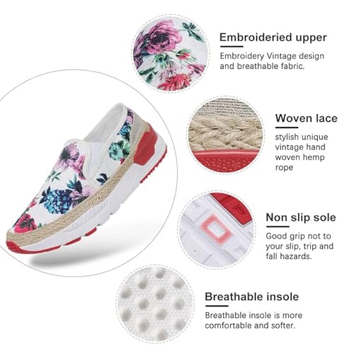 Dannto Women'S Art Loafers Embroidered Floral Boat Sneakers Slip-On Ladies Walking Shoes Red White 38,Size 7.5 thumb #3