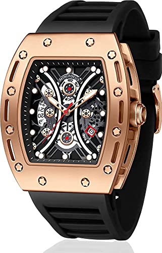 MF MINI FOCUS Montre pour homme - Grand cadran creux - Montre de sport étanche à quartz analogique avec bracelet en silicone - Noir, Noir/doré, Sangle
