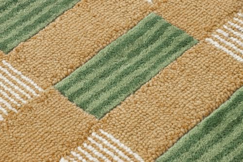 Image of Hand-Tufted Wool Area Rug with Scalloped Edges, Beige and Green Plaid Pattern, Cozy and Soft Accent Rug for Living Room, Bedroom, and Nursery, Handmade Decorative Rug, 1x1 Ft (Sample)